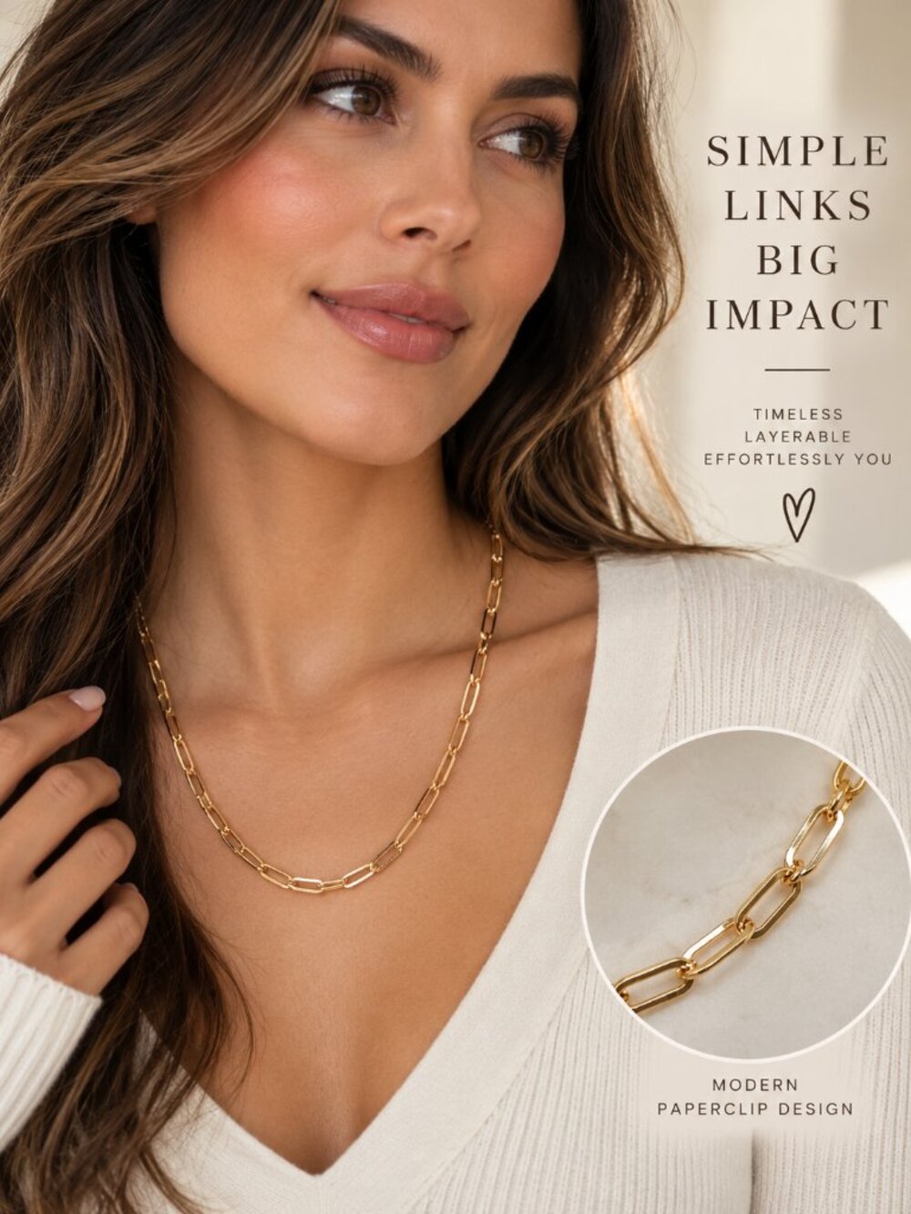Gold Paperclip Chain Necklace 20" Stainless Steel Long Link Layering Minimalist
